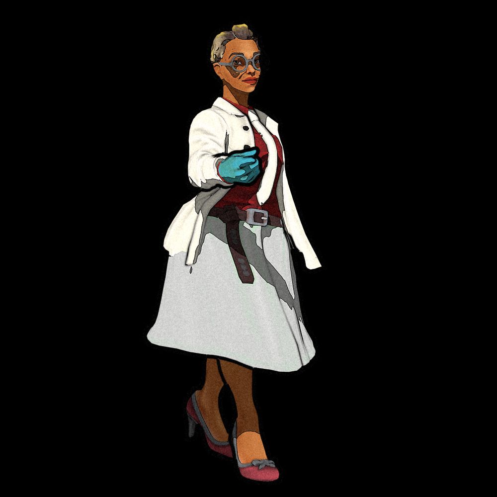 Full body look at the same woman with her pointing in the general direction of the viewer.