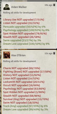 Screenshot from our Call of Cthulhu game where Aiden managed to get several skills increased during his level up, while Alex only got 2 out of 13 increased.