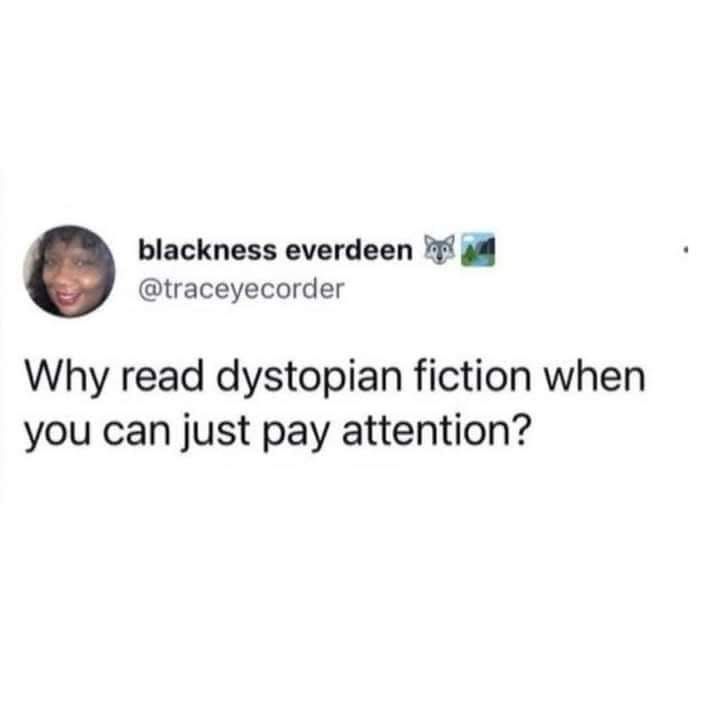Meme in black text white background reads: why read dystopian fiction when you can just pay attention? 
Author Blackness Everdeen 