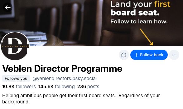Bsky home page of the Veblen Director Program, showing that the account follows me. Banner image is of empty leather conference room chairs.