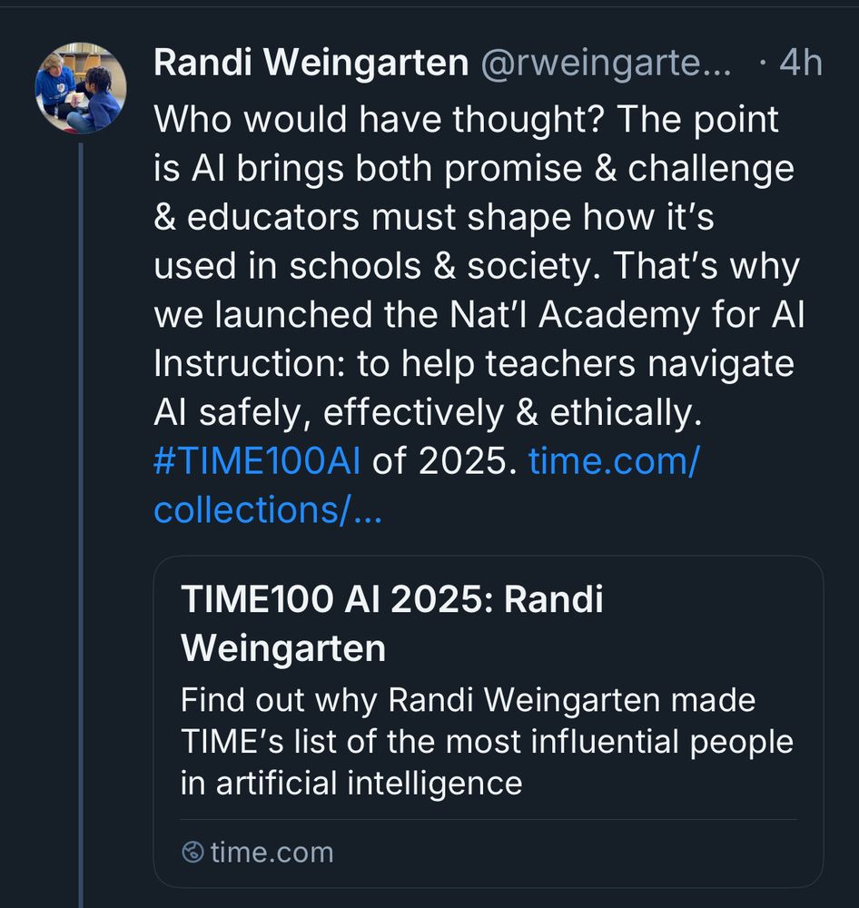 Randi Weingarten touting her inclusion on Times 100 influential people in AI