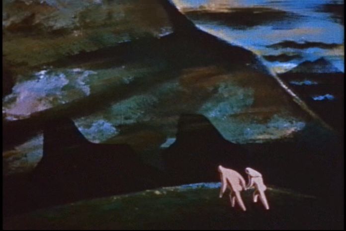 Still from THE MAGIC KEY which appears to show an abstract Adam and Eve, exiled from the garden of Eden