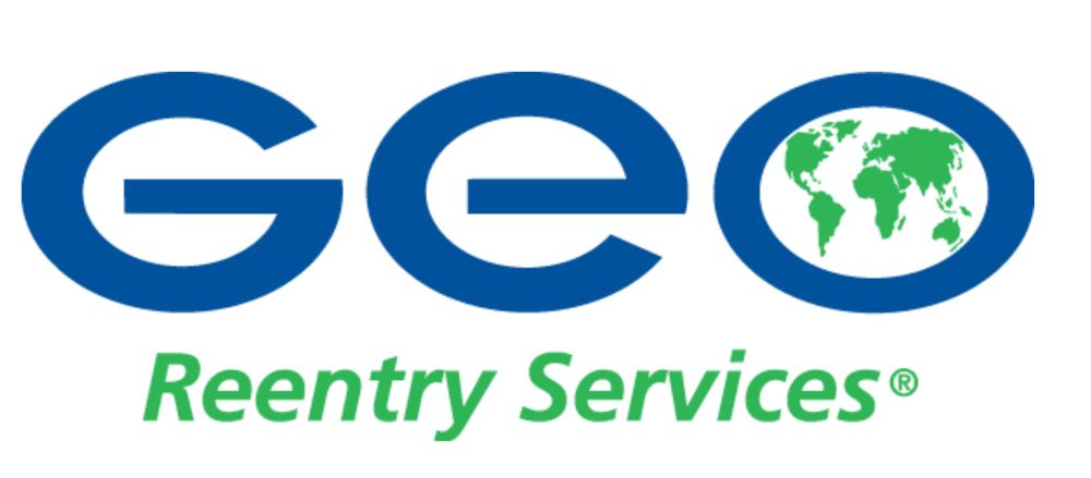 The 1980s style logo of GEO Reentry SErvices, blue letters with a world map in green in the O of the word GEO - suggesting their plans for making all the world a prison