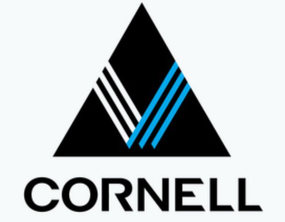 Cornell companies Logo, an evil looking black pyramid with a triple line V inside, one line blue one black 