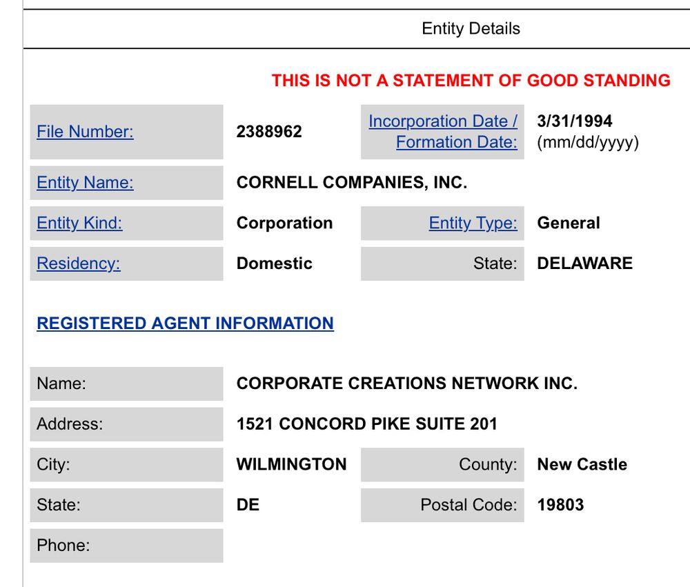 DE biz reg form for Cornell Companies Inc