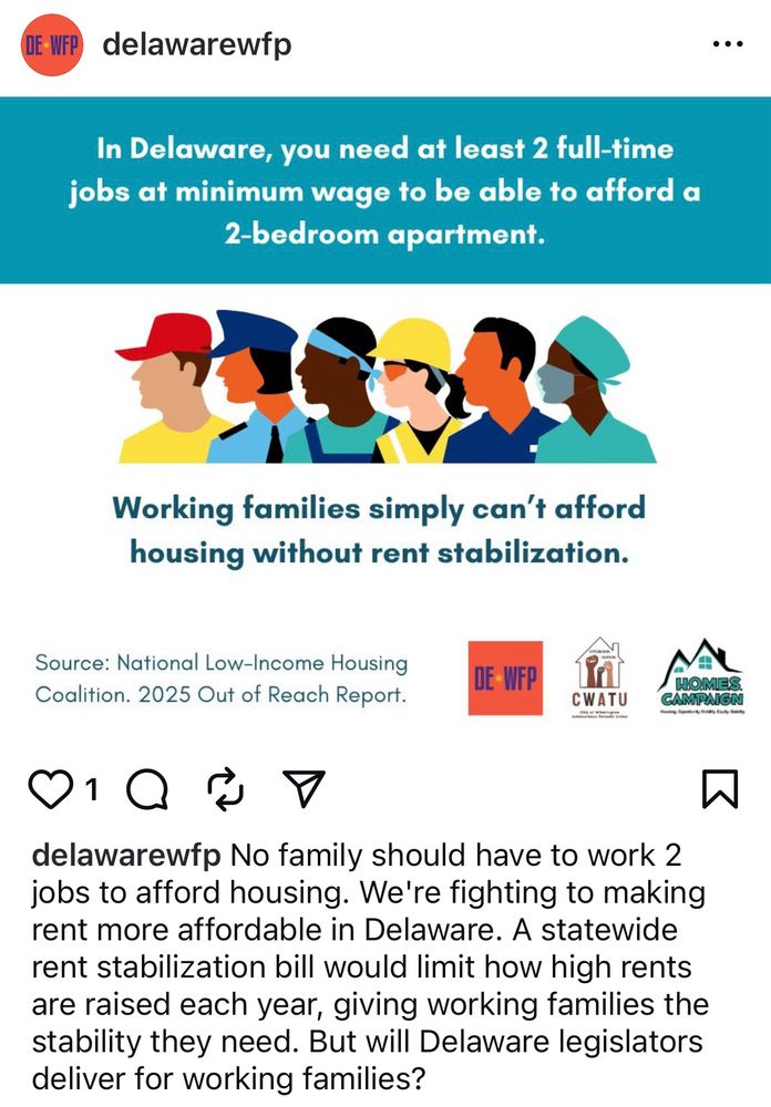 IG post from DE WFP, quoting the National Low-Income Housing Coalition’s 2025 “Out of Reach” Report: “In Delaware you need at least 2 full time jobs at minimum wage to be able to afford a 2-bedroom apartment.”
