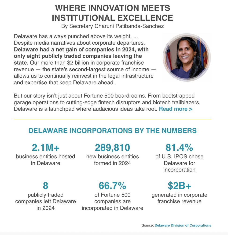From the Delaware State Chamber of Commerce Newsletter, a message from the DE Sec State lauding how the state has many business entities registered here. 