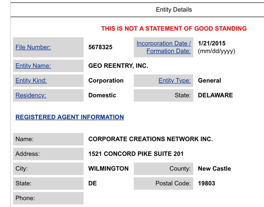 biz entity reg for GEO Reentry inc, a Delaware corporation for surveilling everyone who’s ever been imprisoned 