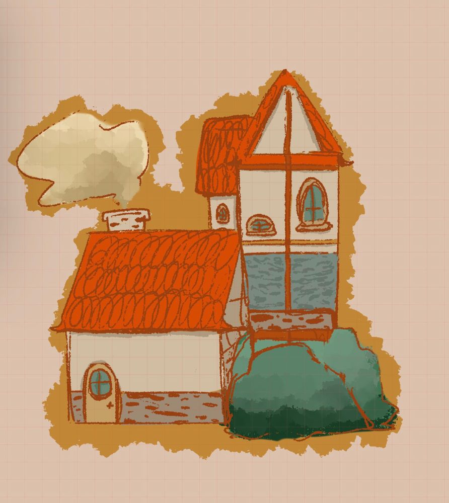 A digital drawing of mid 1700’s-1800’s houses? Mostly more fantasy like, with a dull beige for most of the walling, but a bright tangerine orange for the roofing. Cozy colors!
