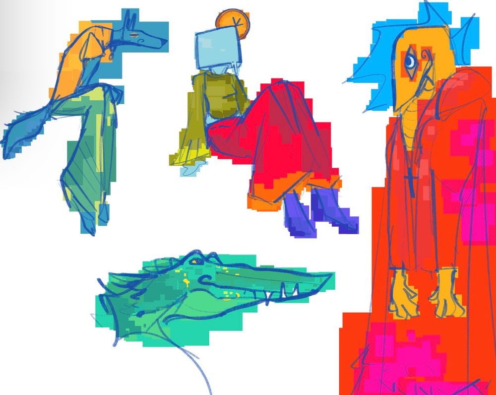 Drawing consistent of bright colors, filled in with a lasso-tool that was all for squares/circles, drawings have; depressed wolf sitting/leaning down, a slump, ice-cube girl sitting a bit more upright and upbeat, some weirdo snake guy that seems to belong for a conclave, and a quick gator sketch!
