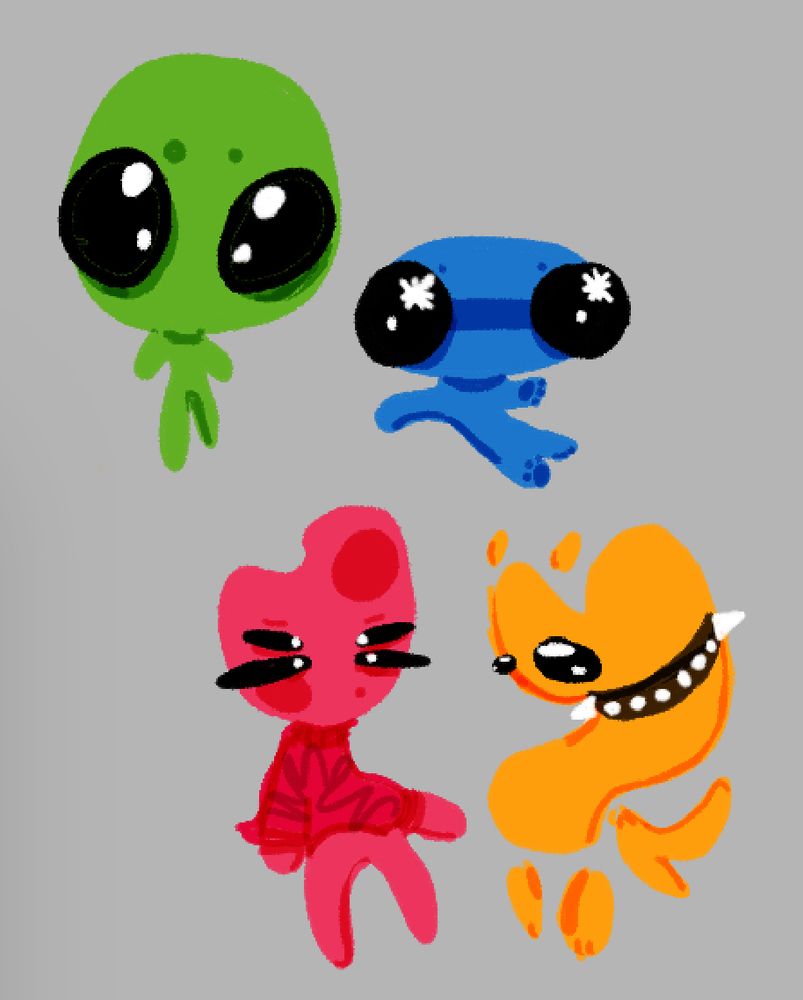 green silly alien doodle, blue, red, yellow silly aliens too