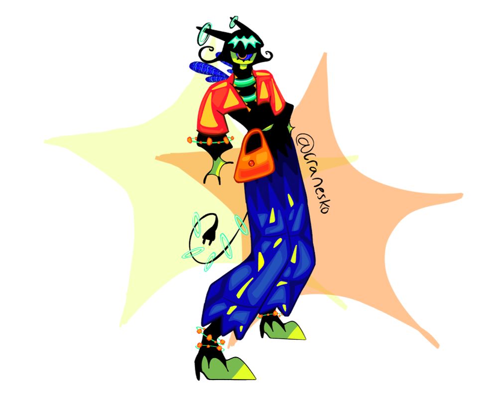 Full-body pose of a character with one-eye, with bright colors such as; orange, greens, and blues.