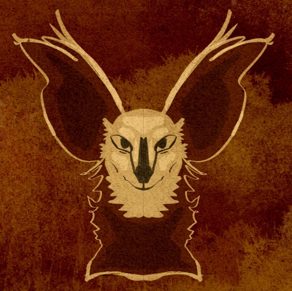 Digital drawing of a brown-bat(?), really big poofy and curvy ears, and a sly look.
