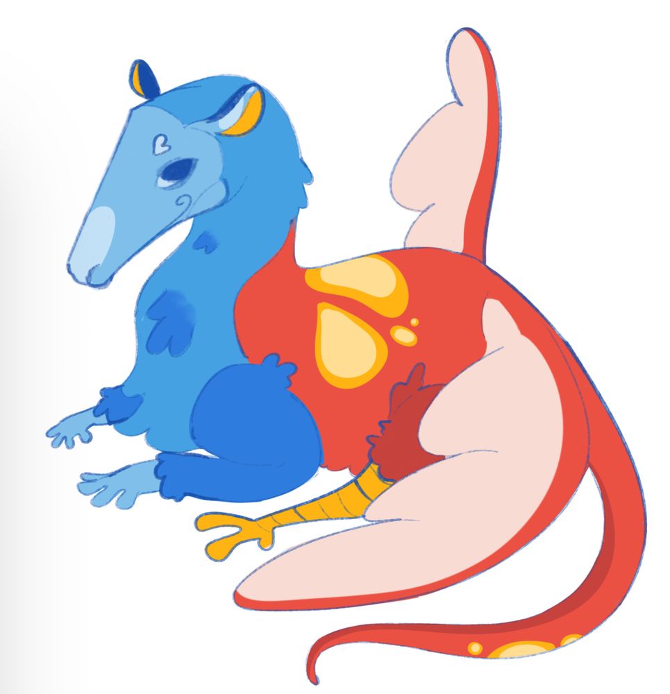 drawing of a chimera (horse,, bird? dragon maybe, a mix up of things,) split into red and blue siding.
