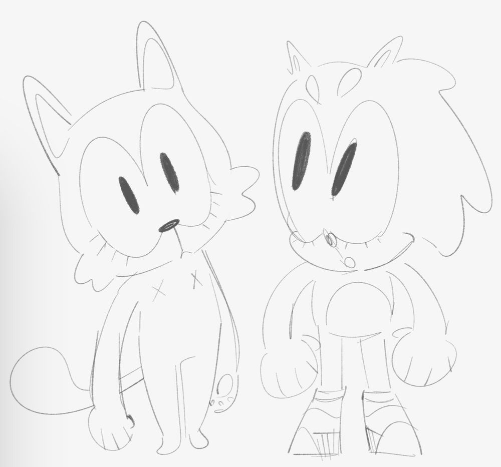Two characters with big-oval eyes, like the sonic franchise, because sonic is on the right side as well, not drawn fully to the style, but more of a messy-chibi part