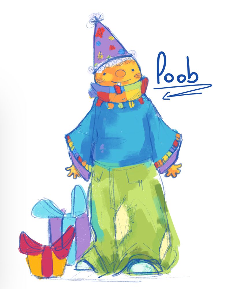 Drawing of a little a man, or thing, with bright baggy green pants, a teal-ish color of a sweater with colored tips ranging from reds-purples/the rainbow (in simpler terms), adoring with bright colored cheeks, a purple party hat, and some gifts.