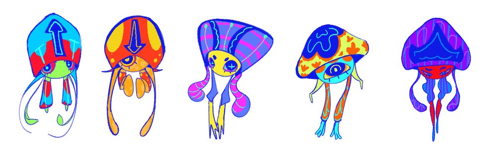 Five highly-saturated squid,, things? Bright/Neon colors for each of them in their own little ways.