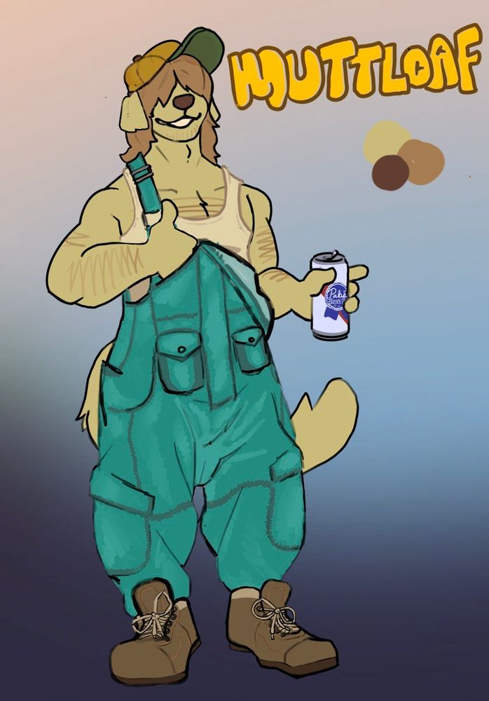 A Labrador retriever fursona with hair that covers his eyes. Hes dressed in a tanktop and baggy overalls with boots on his feet.