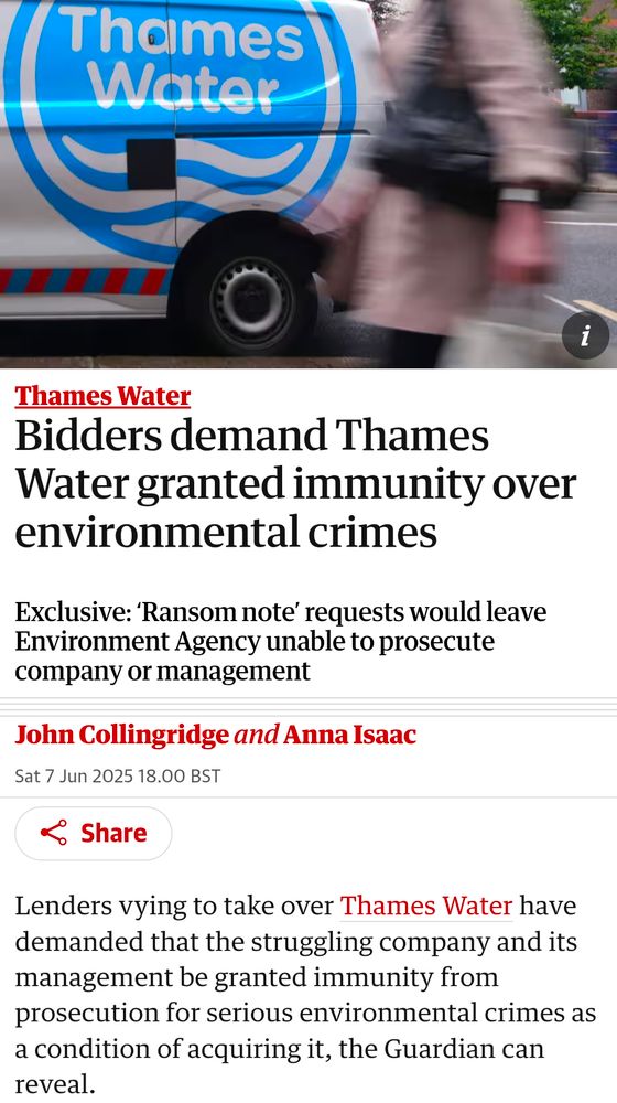 A Guardian article with the headline 'Bidders demand Thames Water granted immunity over environmental crimes'