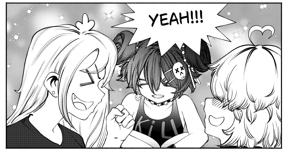 The three girls from the previous pages all smiling and happy say "YEAH!!!"