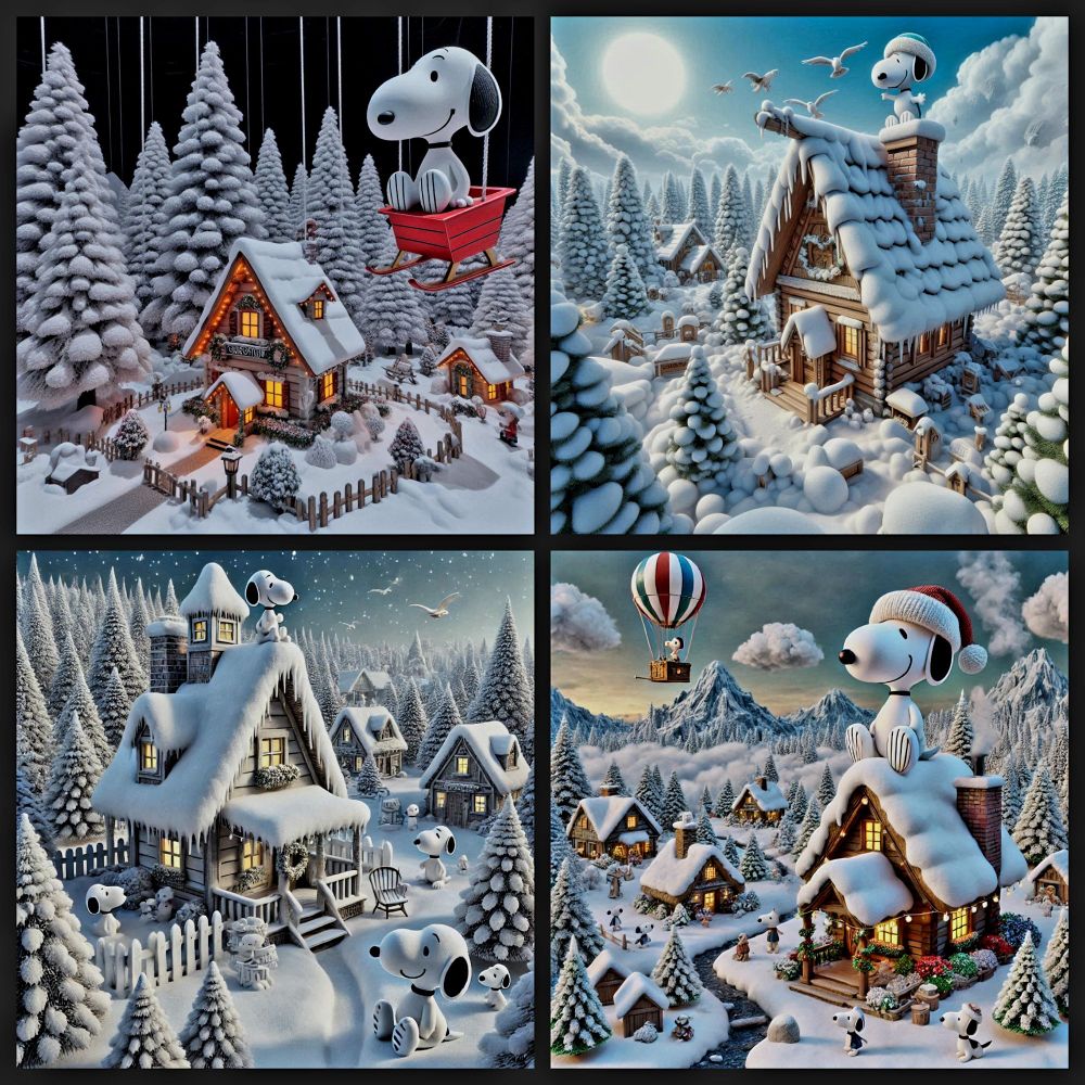 Charming winter wonderland in a fairy-tale style, with a cozy doghouse topped with a playful, winter-loving SNOOPY