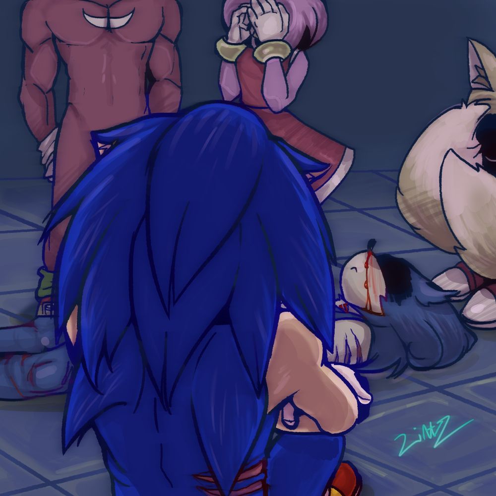 Sonic the Hedgehog crouching down in front of another desaturated Sonic who looks badly beaten up while Knuckles the Echidna, Amy Rose and Tails the fox all watch, covering their faces.