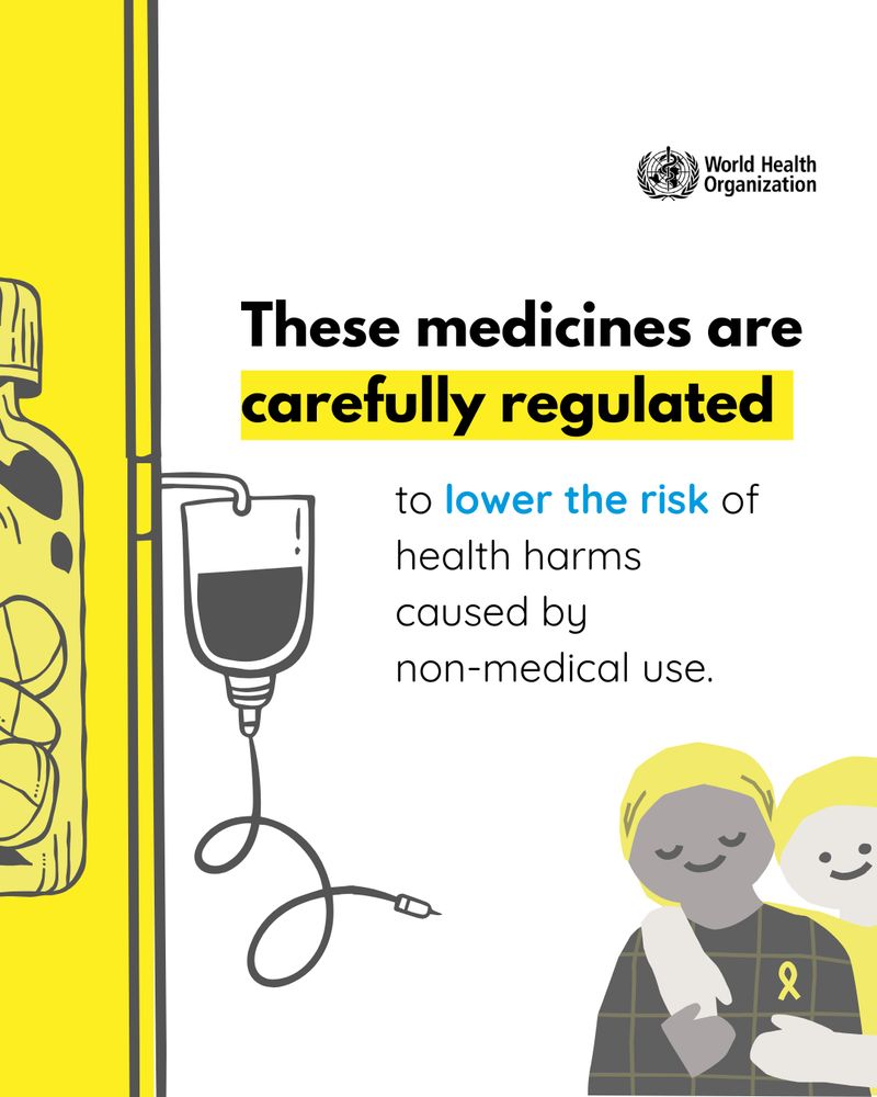 Text reads 'These medicines are carefully regulated to lower the risk of health harms caused by non-medical use.' Illustration of intravenous medicines and patient.