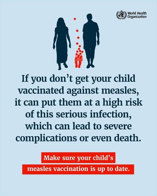 If you don’t get your child vaccinated against measles, it can put them at a high risk of this serious infection, which can lead to severe complications or even death.

Make sure your child’s measles vaccination is up to date.