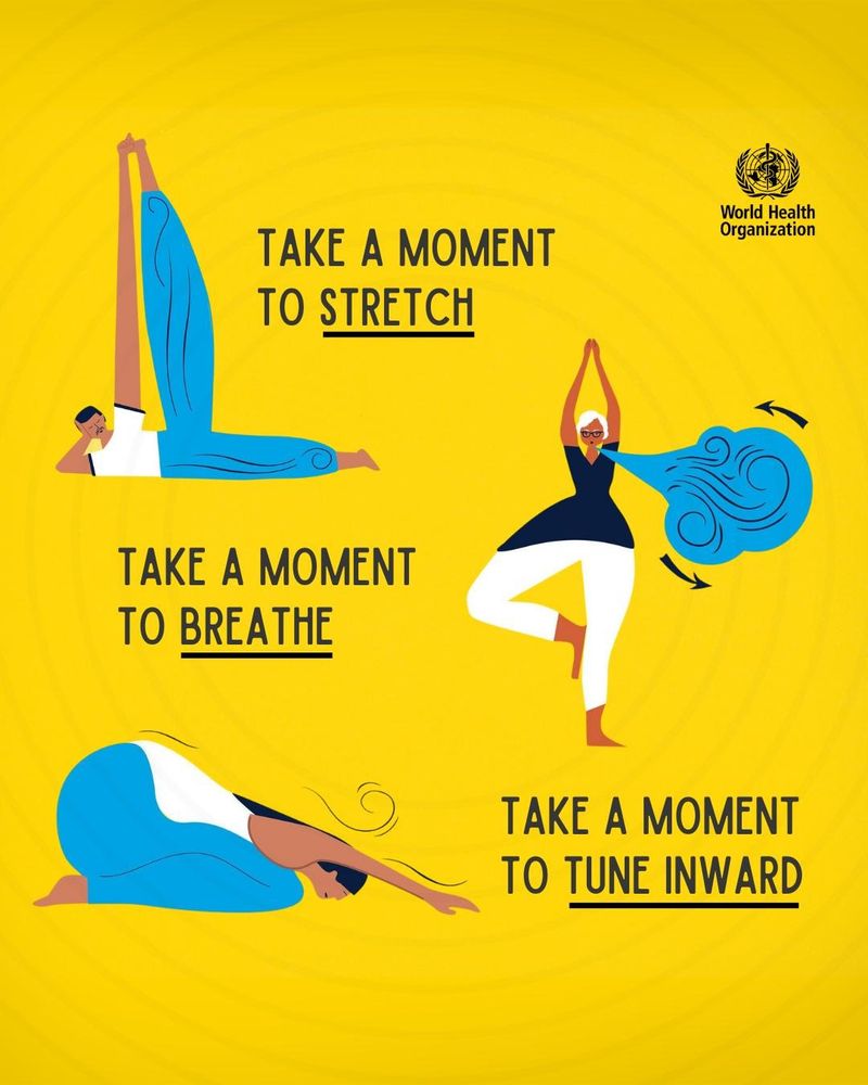 Illustrations of people stretching against a yellow background. Text reads 'Take a moment to stretch. Take a moment to breathe. Take a moment to tune inward.'
