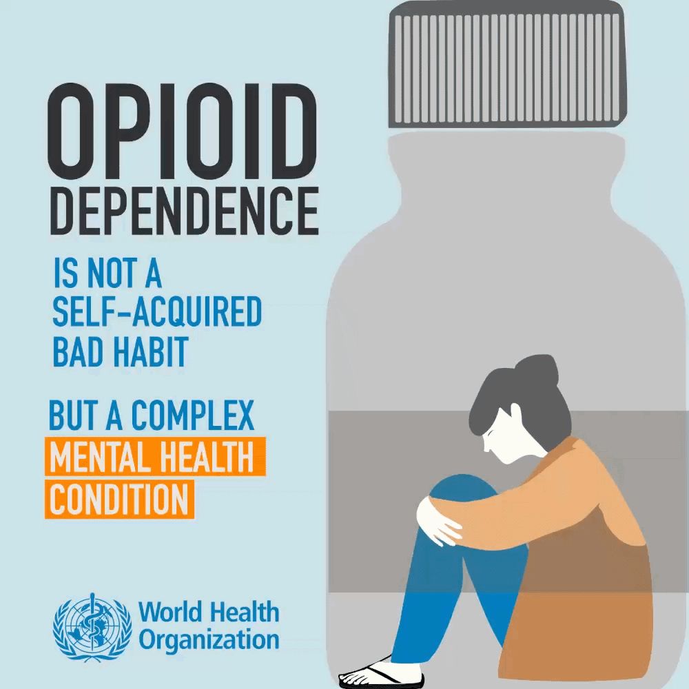 Opioid dependence is not a self-acquired bad habit but a complex mental health condition. Illustration of a medicine bottle filling up, with a person inside it.