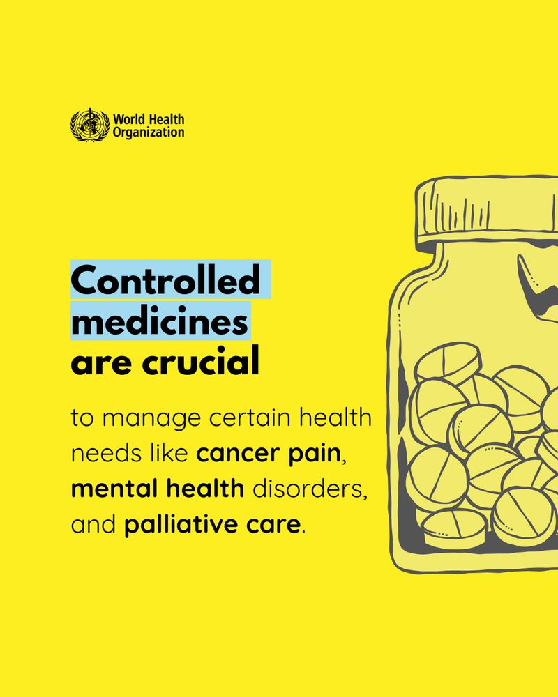 Text reads 'Controlled medicines are crucial to manage certain health needs like cancer pain, mental health disorders, and palliative care.'. Illustration of a bottle of medicines.