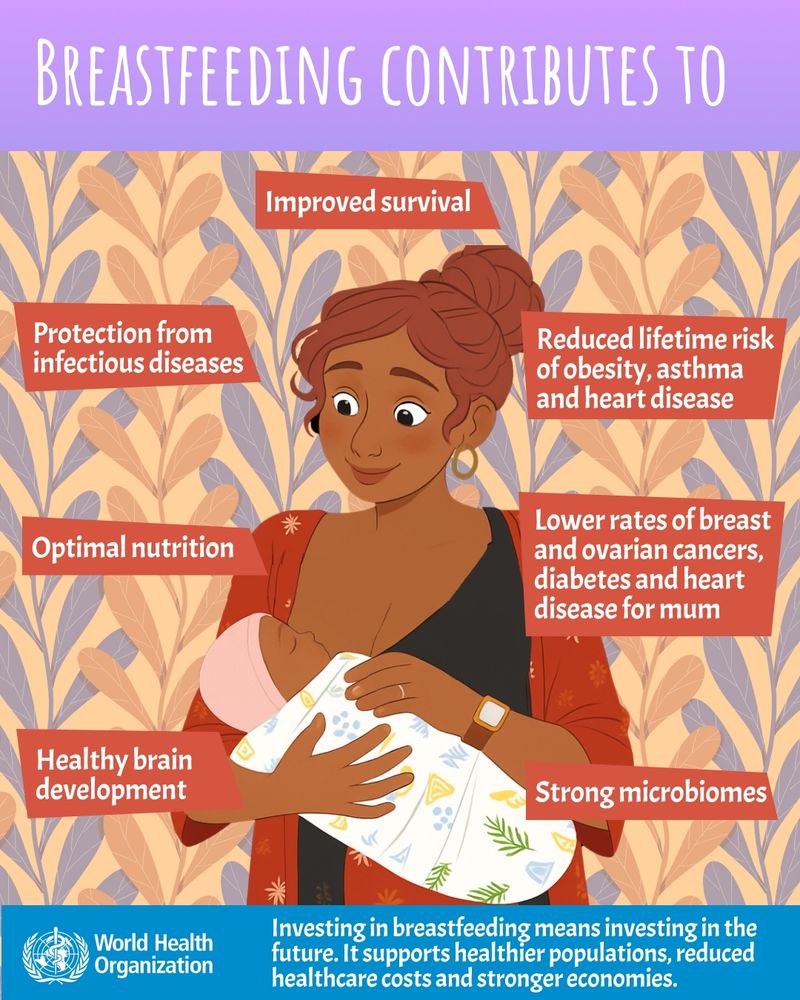 Illustration of a child being breastfed. Text reads:
Breastfeeding contributes to:
- Improved survival
- Protection from infectious diseases
- Reduced lifetime risk of obesity, asthma and heart disease
- Optimal nutrition
- Lower rates of breast and ovarian cancers, diabetes and heart disease for mum
- Healthy brain development
- Strong microbiomes
Investing in breastfeeding means investing in the future. It supports healthier populations, reduced healthcare costs and stronger economies.