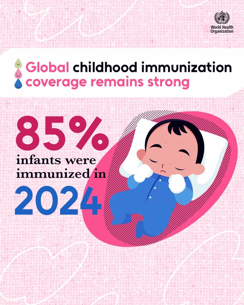 Illustration showing a sleeping infant. Above the baby, text reads: “Global childhood immunization coverage remains strong.” Below, large text highlights: “85% infants were immunized in 2024.”