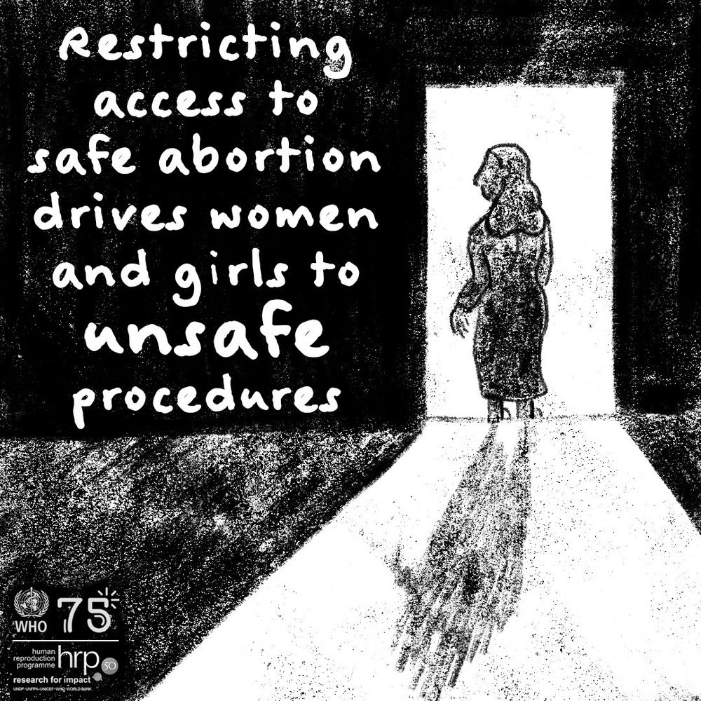 Illustration of a woman standing in a lit doorway, casting a long shadow down a dark hallway. Text on the image reads: 'Restricting access to safe abortion drives women and girls to unsafe procedures.'