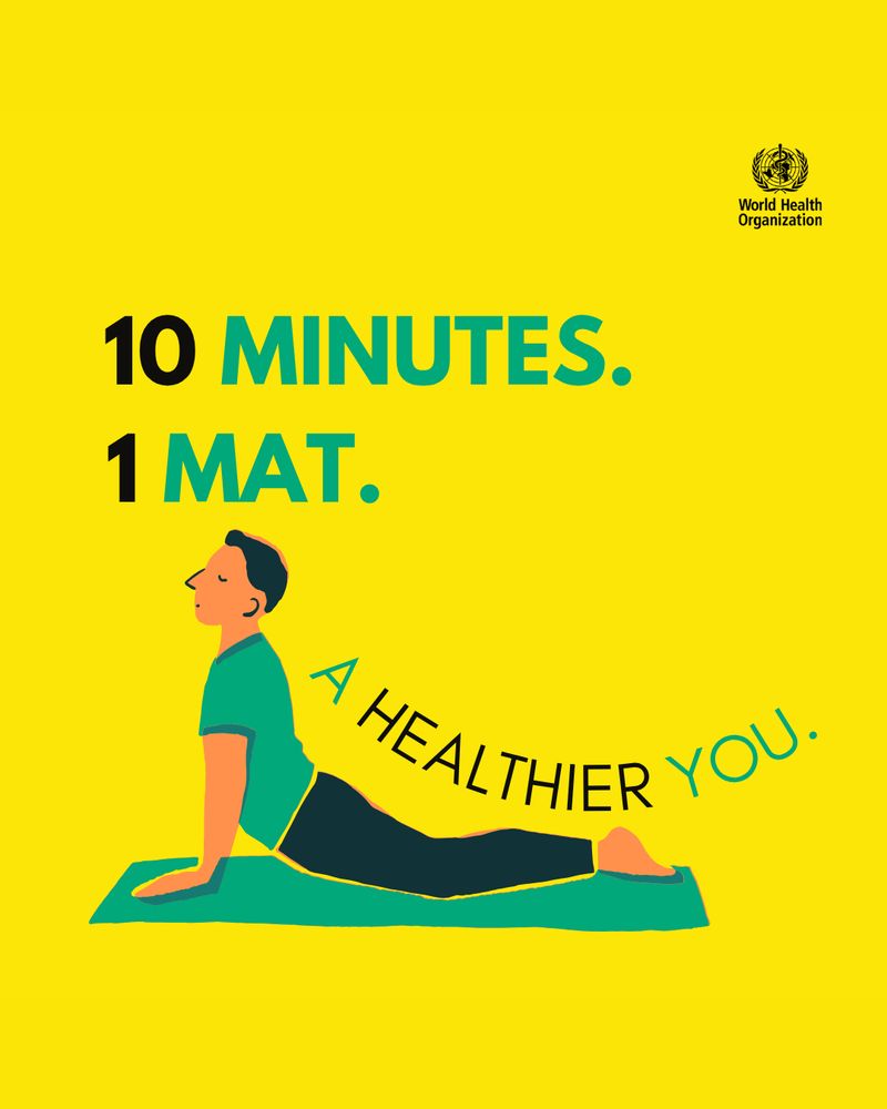 Illustration of a person stretching on a yoga mat against a bright yellow background. Text reads '10 minutes. 1 mat. A healthier you.'