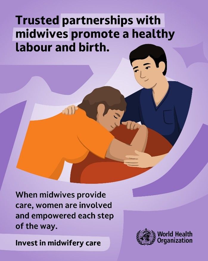 Illustration shows a pregnant woman cared for by a midwife. Text reads 'Trusted partnerships with midwives promote a healthy labour and birth. When midwives provide care, women are involved and empowered each step of the way. Invest in midwifery care.'