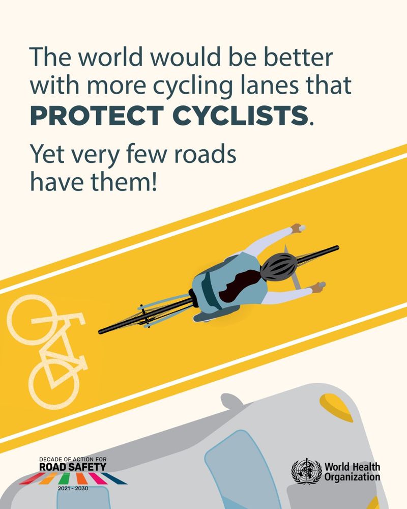 A poster shows a cyclist riding in a bike lane separated from car traffic. The text reads: “The world would be better with more cycling lanes that PROTECT CYCLISTS. Yet very few roads have them!” 