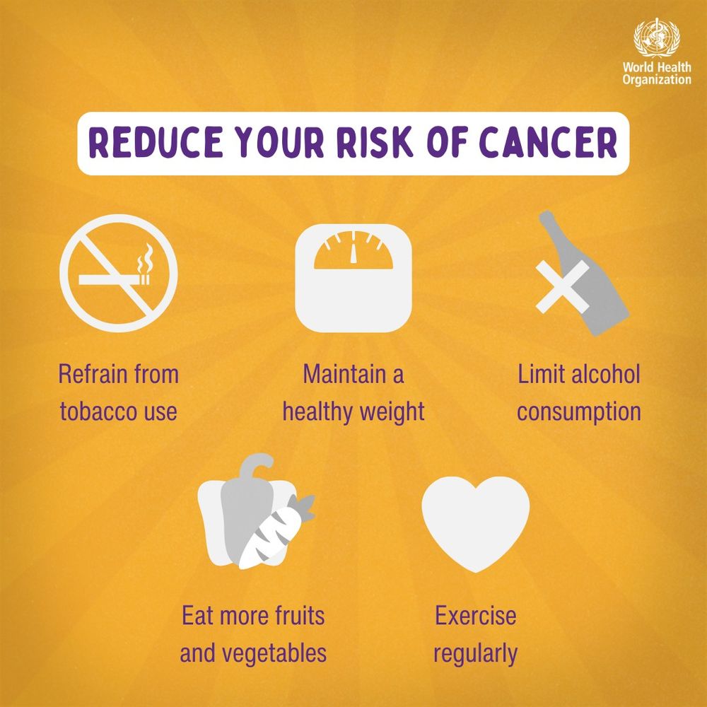 Reduce your risk of cancer: Refrain from tobacco use, maintain a healthy weight, limit alcohol consumption, eat more fruits and vegetables, and exercise regularly.