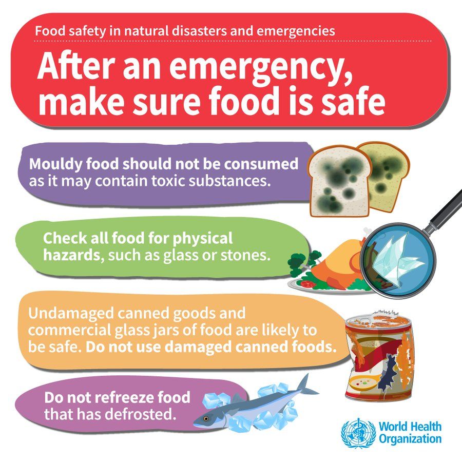 Infographic from the World Health Organization titled “After an emergency, make sure food is safe.” It provides four safety tips:

- Mouldy food should not be consumed as it may contain toxic substances.

- Check all food for physical hazards such as glass or stones.

- Undamaged canned goods and commercial glass jars are likely safe; do not use damaged can.

- Do not refreeze food that has defrosted.
