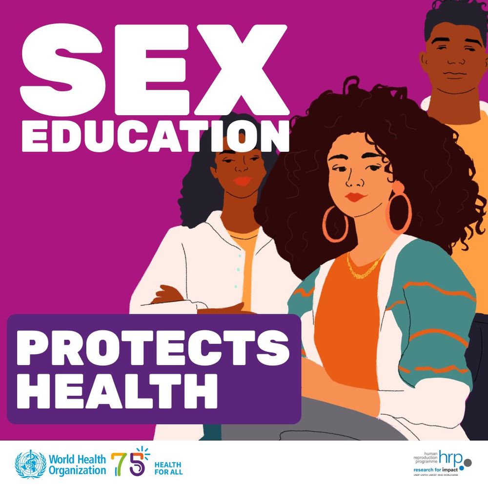 Illustration of three diverse young people standing against a purple background. Bold white text at the top reads “SEX EDUCATION,” and a purple banner below says “PROTECTS HEALTH” in white letters.
