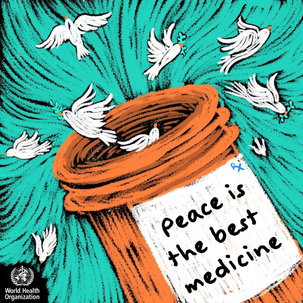 Illustration of a large orange medicine bottle tipped sideways. White doves carrying green olive branches fly into a teal background. The bottle’s label reads “Peace is the best medicine.” 