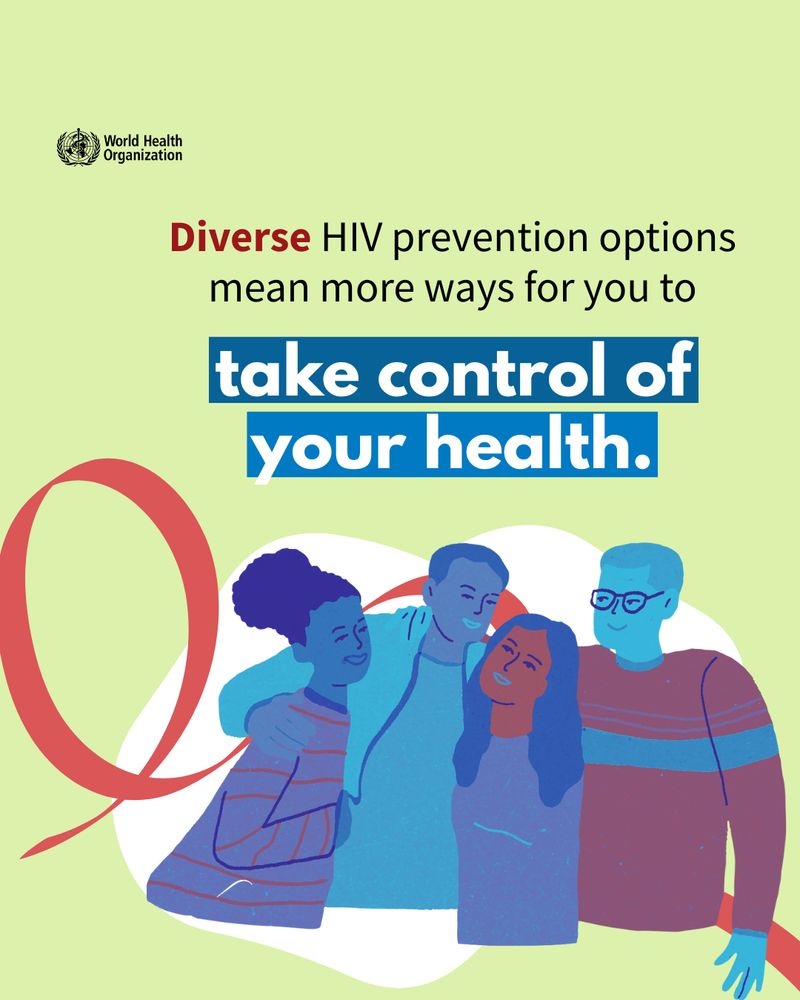 Text reads 'Diverse HIV prevention options mean more ways for you to take control of your health.' Light green background with illustration of a small group of people smiling and a red ribbon.