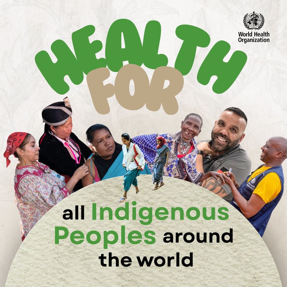 Graphic with the words ‘Health for all Indigenous Peoples around the world’. The background features light leaf patterns. Around the text are photos of diverse Indigenous Peoples from different regions.