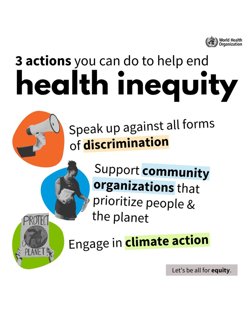 Text reads '3 actions you can do to help end health inequity'. The first point of three, against the image of a megaphone is the text 'Speak up against all forms of discrimination'. The second point, against the image of a person shopping in the text 'Support community organizations that prioritize people & the planet'. Third point, against the image of a poster to protect the plant is the text 'Engage in climate action'.