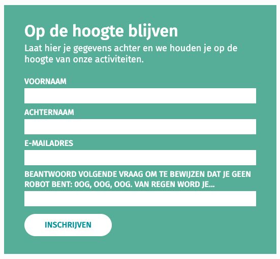 A form with captcha question: Oog, oog, oog. Van regen word je...