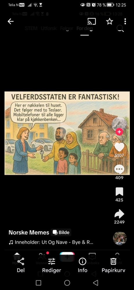 Skjermbilde av den rasistiske TikTok-kontoen Norske memes. Overskrift: Velferdsstaten er fantastisk! Under er et bilde av en dame som gir en familie (mor, far, to barn, som er brune i huden en nøkkel og sier "Her er nøkkelen til huset. Det følger med to Teslaer. Mobiltelefoner til alle ligger på kjøkkenbenken". To, triste, og antatt fattige, pensjonister som er hvite i huden står bak et gjerde og ser på.