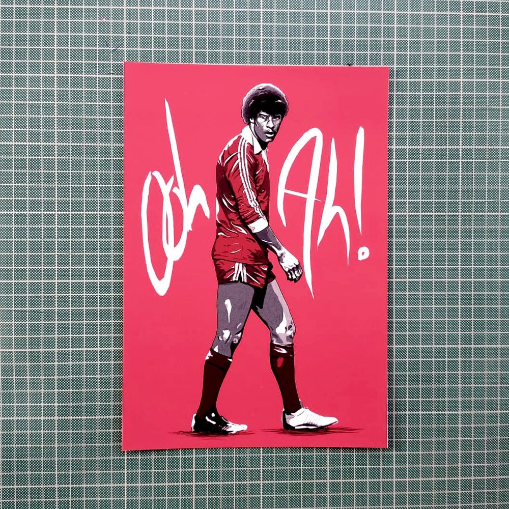 Print illustration of Paul McGrath in Red St. Pat's kit. "Ooh Ah!" white text on red background. 
