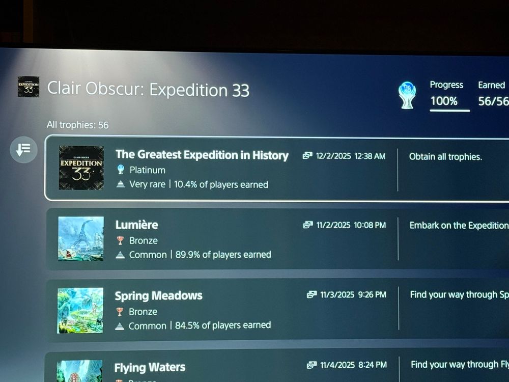 Screenshot of a PS5 trophy screen showing Clair Obscur: Expedition 33 at 100%