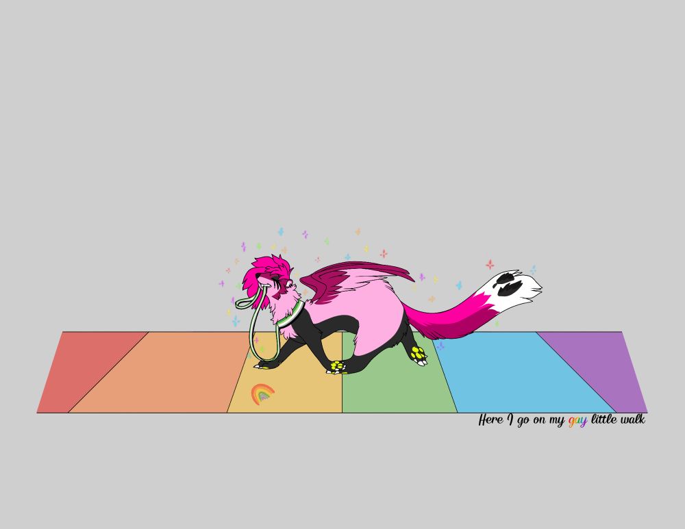 Xox walking on a rainbow colored sidewalk holding the Aromantic flag leash in their mouth