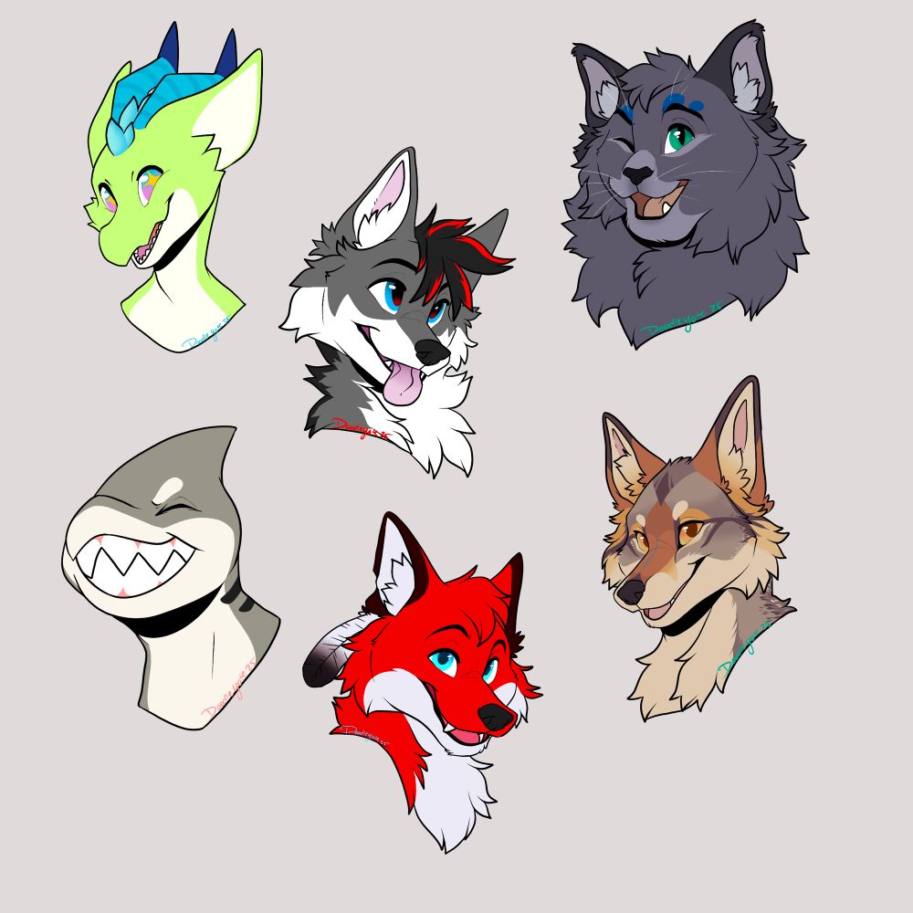 6 headshots of various characters, a green smiling dragon (Fumpy), a toothy shark (Sabi), a grey wolf with black and red hair (Aldo), a red wolf with a feather in its ear (Lupaio), a Russian Blue Cat (Ümlaut) and a coyote (Mezcal)